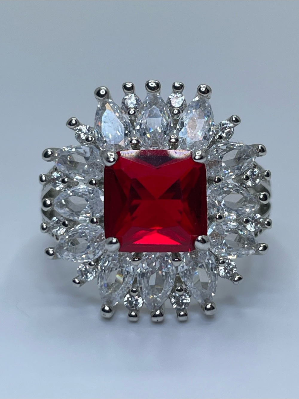 Beautiful Statement Starburst Halo Red Ruby White Diamond CZ Silver Plated Ring